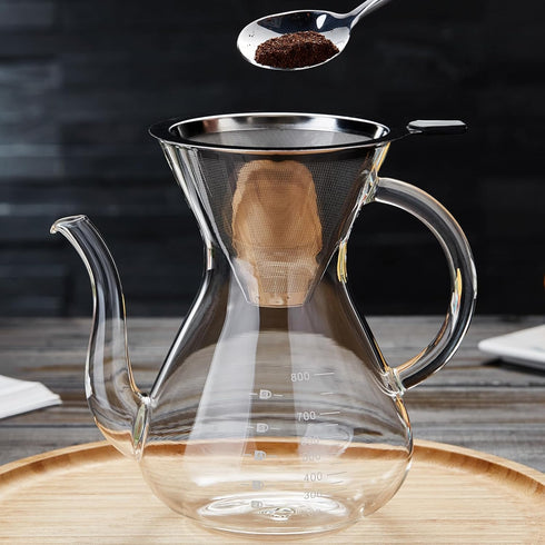 Unbreakable 8-Cup Pour Over Coffee Maker with Double Stainless Filter, Heat-Resistant Borosilicate Glass