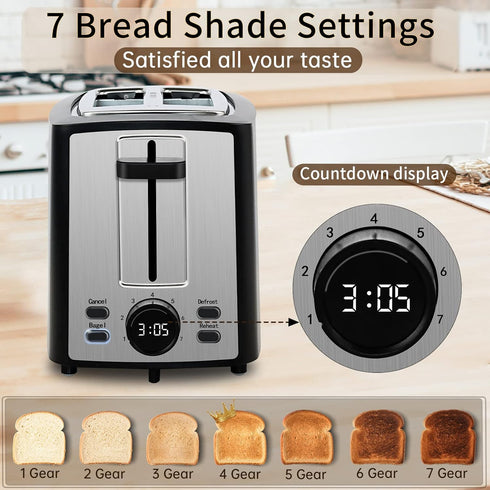 SEEDEEM 2 Slice Toaster with LCD Display - 7 Shade Settings, Extra Wide Slots, Removable Crumb Tray, Carbon Black