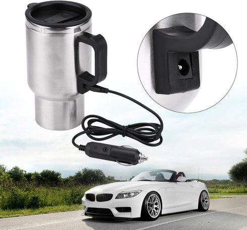 Portable Stainless Steel Electric Car Kettle, 450ml Travel Mug with Auto Charger, Airtight Lid, Heated Coffee Tea Cup