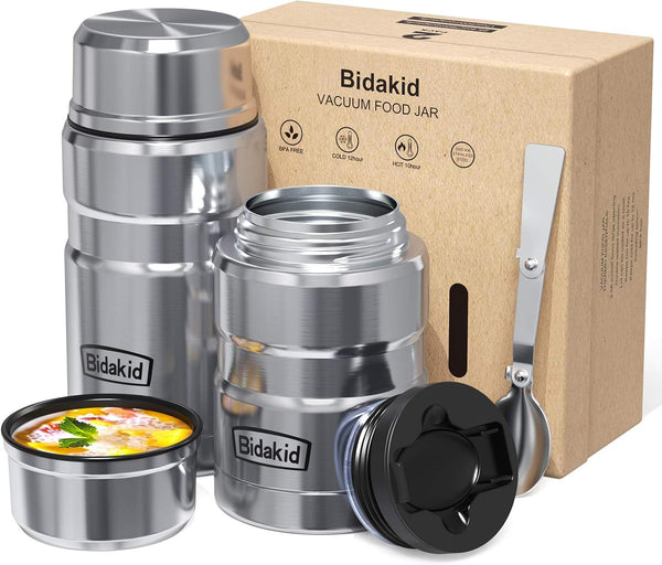 Bidakid Insulated Food Jar Set 25.4oz & 17oz Stainless Steel Containers with Folding