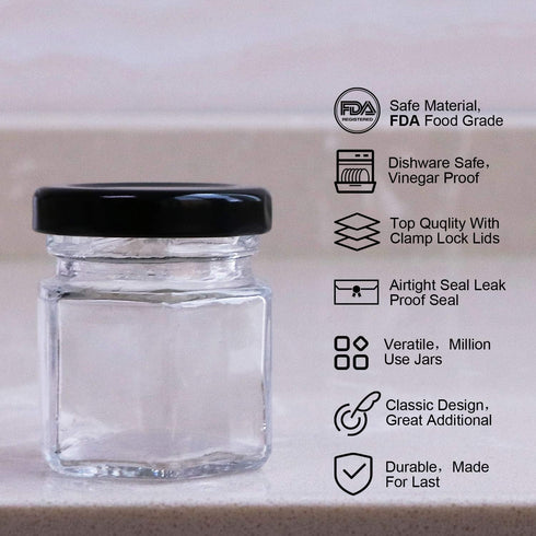 Encheng 1.5 oz Clear Hexagon Jars with Lids (Black), Small Glass Jars for Herbs, Foods, Jams, 30 Pack
