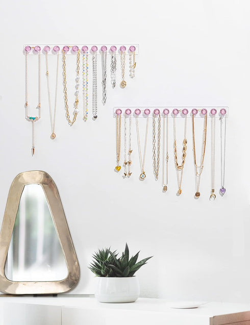 Acrylic Necklaces Holder, Wall Mounted Jewelry Organizer with 12 Hooks, Clear Necklace Hangers for Girls