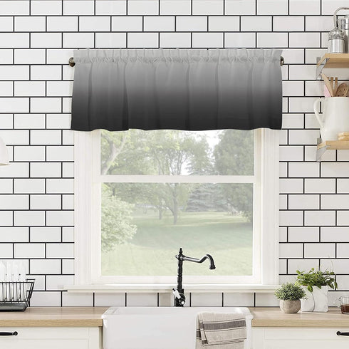 Valance Curtain for Kitchen, Ombre Black Grey Window Valance for Living Room, Rod Pocket Valances for Bedroom