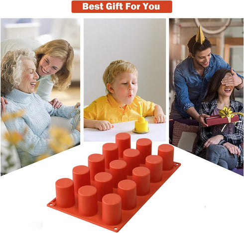 TOPYS 15 Cavities Cylindrical Fondant Silicone Mold, DIY Cylinder Pastry Cupcake Jelly Mousse Pan