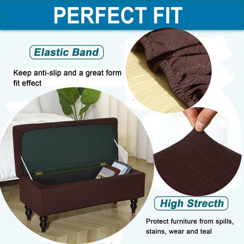 ANWUCHEN Rectangle Ottoman Cover, Stretch Slipcover with Storage, Elastic Bands Ties, Folding Ottoman Covers - Coffee