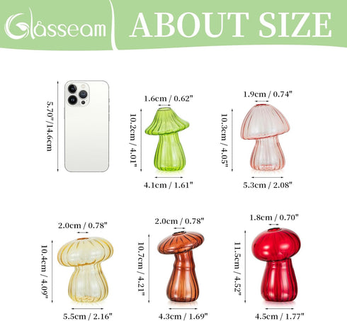 Set 5 Glasseam Mushroom Plant Propagation Stations: Cute Glass Terrarium Jar Propagation Vase of Hydroponic Planters