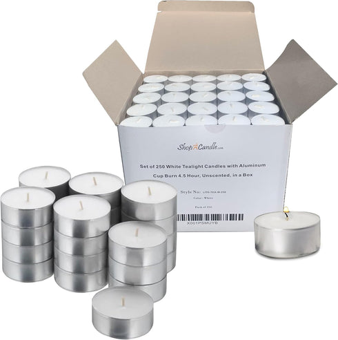 Tea Light Candles in Metal Cups - 250 Bulk White Unscented Votive Candles, 4.5 Hours Long Burning for Romantic Dinner