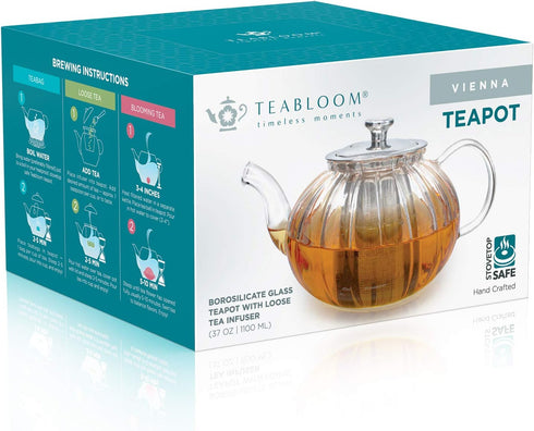 Teabloom Vienna Glass Teapot - Stain-Free Heatproof Glass, Stovetop Safe, Removable Stainless Steel Infuser, 37 oz.