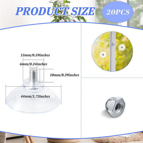 20 Pcs Suction Cups for Glass Window, PVC Clear Sucker Pads 1.73"/44mm with Cap Nut M6 Thread for Home Organization