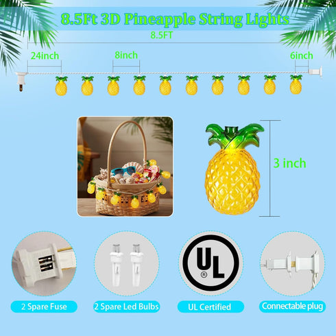 8.5Ft Summer 10L Tropical Beach Pineapple Lights, LED Pineapple String Lights Plug in for Indoor/Outdoor Home Table