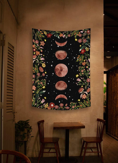 Rexful Moonlit Garden Tapestry - Moon Phase Surrounded by Plants and Flowers, Black Wall Hanging Blanket 44×60 inch