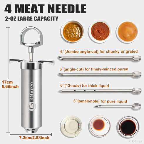 304-Stainless Steel Meat Injector Syringe Kit, 4 Marinade Needles for BBQ Grill Smoker, 2-oz Large Capacity