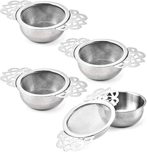 4 Set Tea Strainers with Drip Bowls, Loose Leaf Tea Strainers with Double Winged Handles, Extra Fine Mesh Tea Infuser