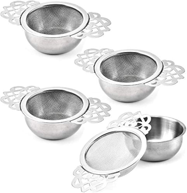 4 Set Tea Strainers with Drip Bowls, Loose Leaf Tea Strainers with Double Winged Handles, Extra Fine Mesh Tea Infuser
