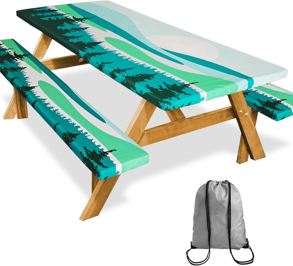 SiorVeol Picnic Table Cover with Bench Covers Camping Essentials Outdoor Reusable Waterproof Tablecloth