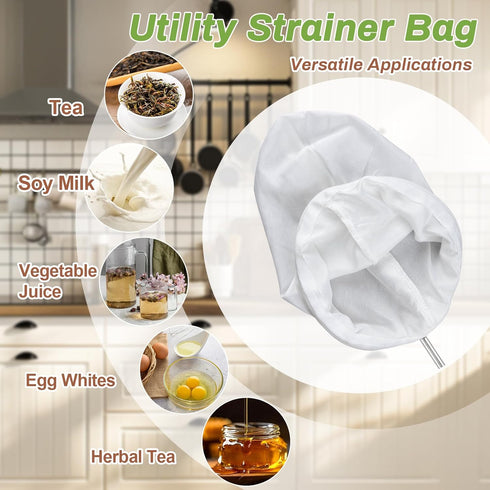 RAINFLOW 3 Fine Mesh Strainer Bags - Reusable Cheese Cloth Bags with Stainless Steel Handle for Straining, Coffee