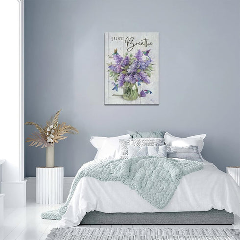 Farmhouse Lavender Bathroom Flower Decor, Just Breathe Rustic Hummingbird Canvas Painting Prints for Bedroom 12"x16"