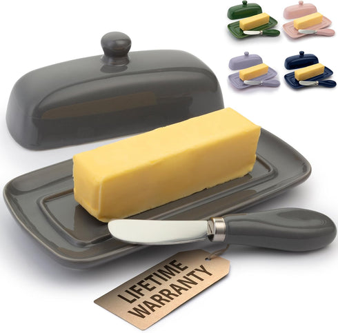 Zulay Butter Dish With Lid For Countertop - Porcelain Gray, Ceramic Butter