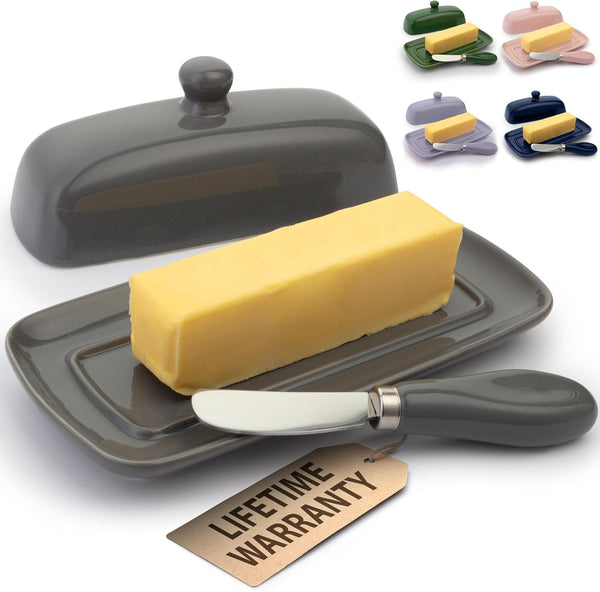 Zulay Butter Dish With Lid For Countertop - Porcelain Gray, Ceramic Butter
