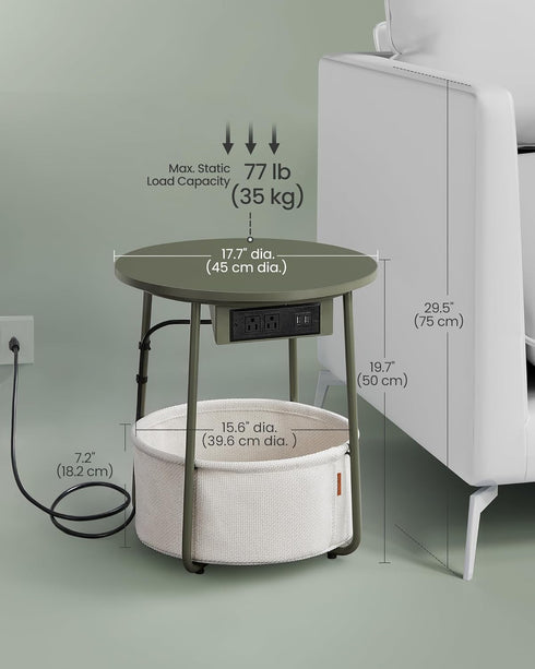 ULET228C04 VASAGLE LILEA Collection - Side Table with Charging Station, Round End Table with Fabric Basket, Nightstand