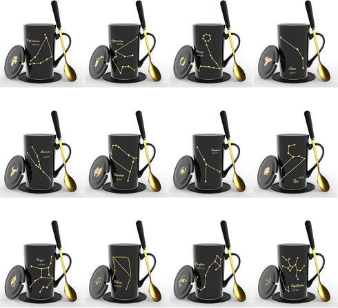 Leo Gifts for Women 15oz Ceramic Coffee Mug with Lid, Spoon, Coaster, Astrology Tea Cup (Black-Gold)