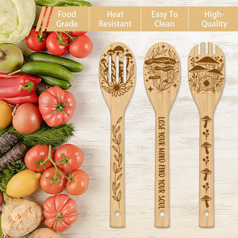 GLOBLELAND 6Pcs Mushroom Bamboo Cooking Utensils Set - Engraved Wooden Spoons & Spatula for Kitchen