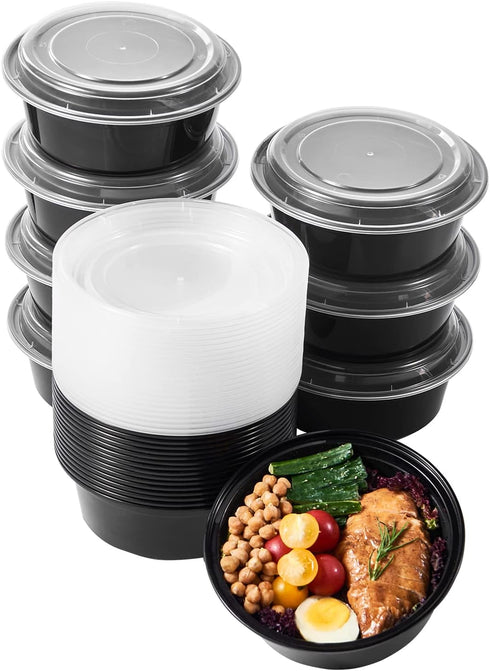 FULING 32 oz 50 ct Round Meal Prep Containers, Disposable Plastic Food Storage Lunch Boxes with Lids, BPA Free