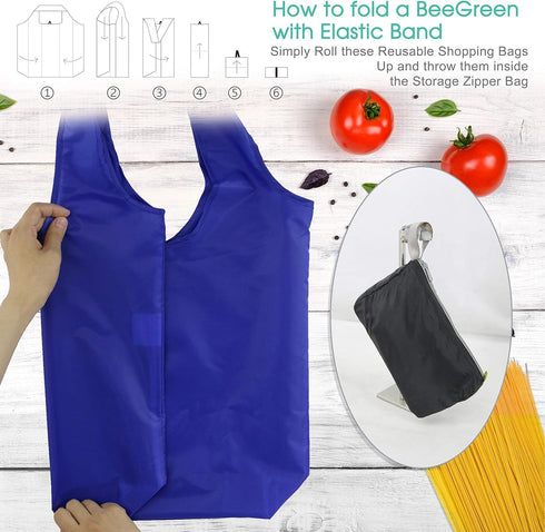 BeeGreen 20 Pack 50LBS Reusable Grocery Bags w Storage Pouch Reusable Shopping Bags Bulk w Elastic Band Colorful