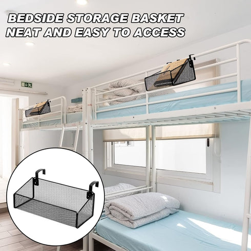 Zubebe Bedside Shelf for Bed, 2 Pieces with 10 Pairs Hooks, Black Metal Organizer for Bunk Bed, Caddy Storage Basket