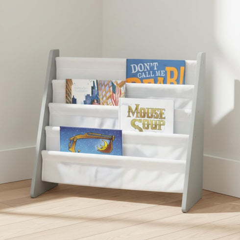 4-Tier Humble Crew Kids Bookshelf, Grey Wood/White - Premium Book Shelf for Kids Rooms with Four Deep Pockets - Toddler