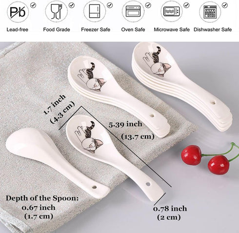 Set of 10 Asian Soup Spoons with Cat Pattern, 5.4 inch Ceramic Chinese Soup Spoons, Porcelain Spoons for Cereal Ramen Appetizers Desserts Wonton Dumpling, Deep Scoop Porcelain Spoons, Dishwasher Safe