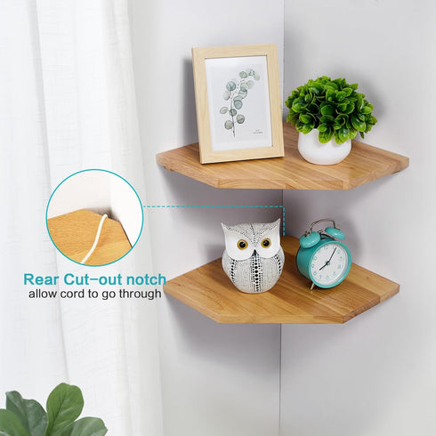 Set 2 Corner Wall Shelves, Corner Floating Shelves of Solid Oak Wood Display Shelf with Wire Hole Small Plant