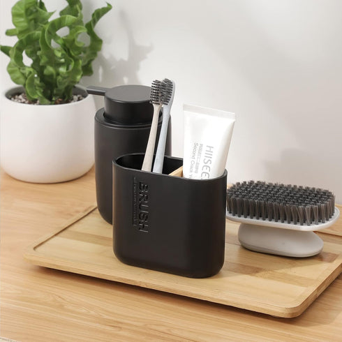 Black Bamboo Electric Toothbrush Holder, Bathroom Storage Organizer for Toothpaste, Floss, Razor on Countertop