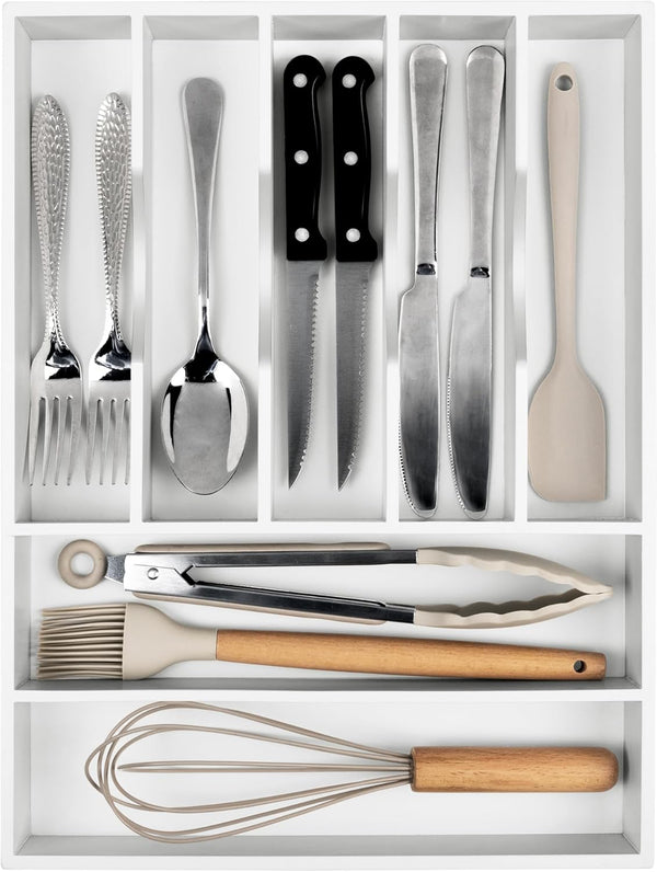 Bellsal Bamboo Silverware Drawer Organizer, 7 Slot Utensil Holder with Grooved Dividers for Kitchen and Office