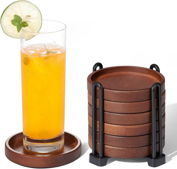 Set of 6 Wooden Coasters With Holder - Coffee Table Coasters for