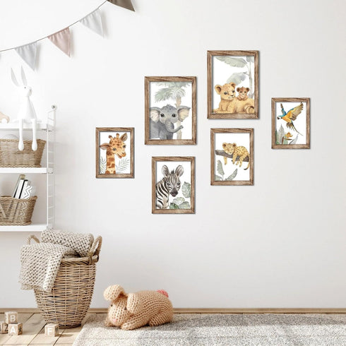 Set 6 HLJ ART Safari Animal Wall Art Print for Boys and Girls: Jungle Nursery Pictures Framed of for Baby Room Decor