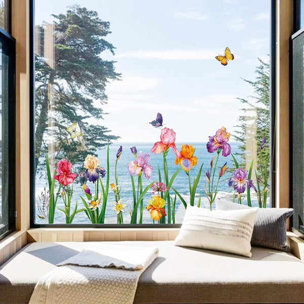 Decalmile Double Sided Iris Floral Spring Easter Garden Flower Window Clings & Stickers for Mom