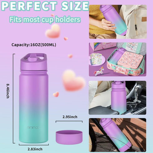 Mininoo Kids Water Bottle for School, 16oz Stainless Steel Insulated with Straw Lid, 2 Pack for Girls, Boys