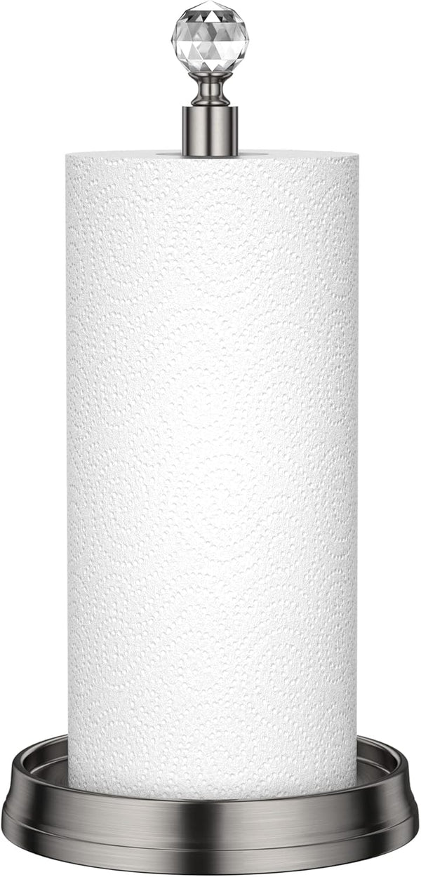 Steel Paper Towel Holder with Crystal Ball, Brushed Nickel Stand for Kitchen Countertops, Fits Standard & Jumbo Rolls