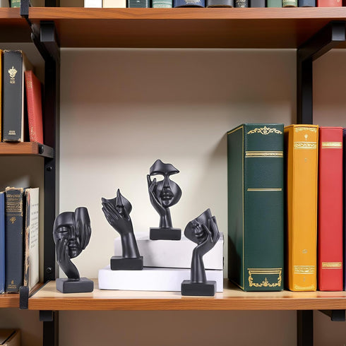 4 Set PCS Black Thinker Statue Abstract Sculptures Home Decor for Bookshelf, Office, TV Stand Knick Knacks See No Evil