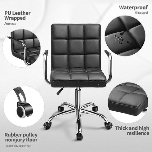Kemon Ergonomic Mid Back Desk Chair with Armrests - Adjustable Height, Black PU Leather