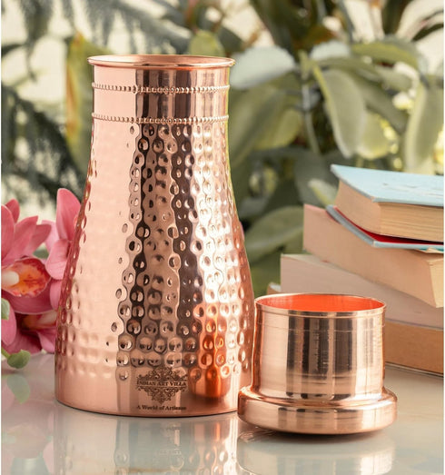 Indian Art Villa Pure Copper Bedroom Water Bottle with Inbuilt Glass & Hammered Shine Design, 32 Oz