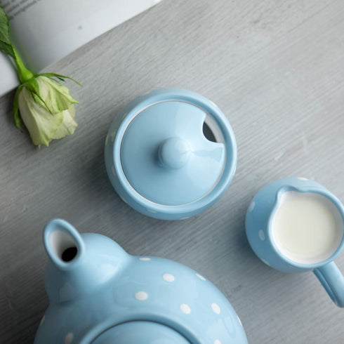 City to Cottage Ceramic Sugar Bowl with Lid, 10oz Container for Coffee Bar, Handcrafted Sky Blue Polka Dot