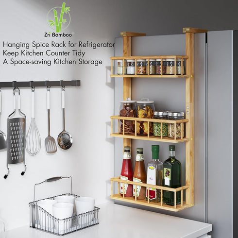 3 Counter Hanging Spice Rack for Refrigerator - Tier Bamboo Kitchen Shelf Organizer for Can Seasoning Storage, Adhesive