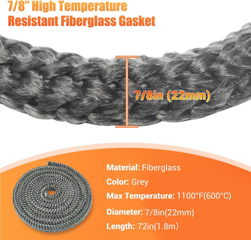 Wood Stove Gasket (7/8" x 72") - Grey Color Fiberglass Door Seal, High Temperature Resistant Rope