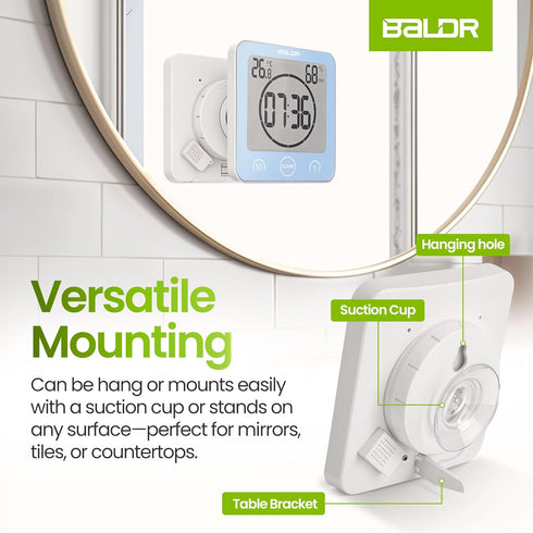 BALDR Digital Shower Clock - Blue Water-Resistant Countdown Timer with Temperature and Humidity