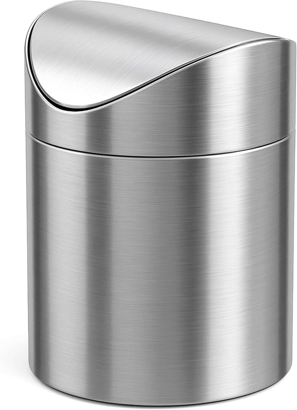 Small Mini Trash Can with Lid, Brushed Stainless Steel, Mini Countertop Trash Bin for Desk Office, 1.5 L