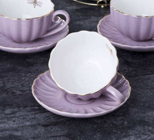 8 OZ Set, 17-Pieces (FD-TW17PC Set, Jusalpha Fine China Purple Coffee Cup/Teacup, Saucer, Spoons, Teapot and Creamer