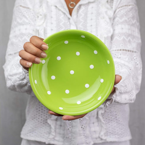 City to Cottage Handmade Pottery Bowl, Lime Green and White Polka Dot Glazed, 7.3inch/18.5cm, 14oz/400ml