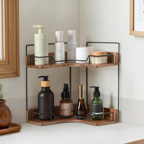 Snuvid 2-Tier Counter Countertop Bathroom Organizer, Wooden Corner Shelf for Vanity Skincare & Makeup, Storage